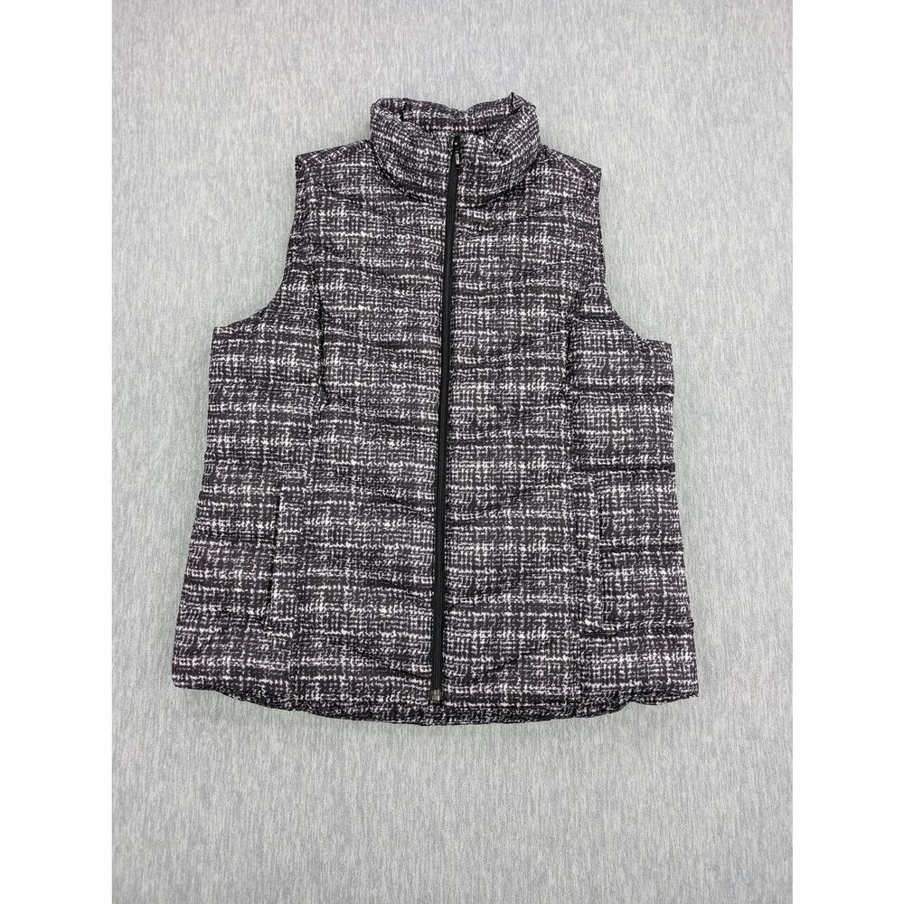 Lands End Vest Womens Medium Black White Puffer Quilted Down Feather Insulated